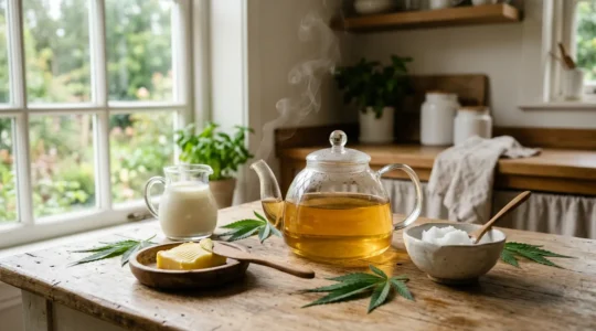 Préparation artisanale d'une infusion de CBD avec des corps gras naturels disposés harmonieusement