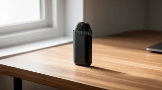 Kit de cigarette électronique pour débutant avec pod compact et accessoires sur table en bois