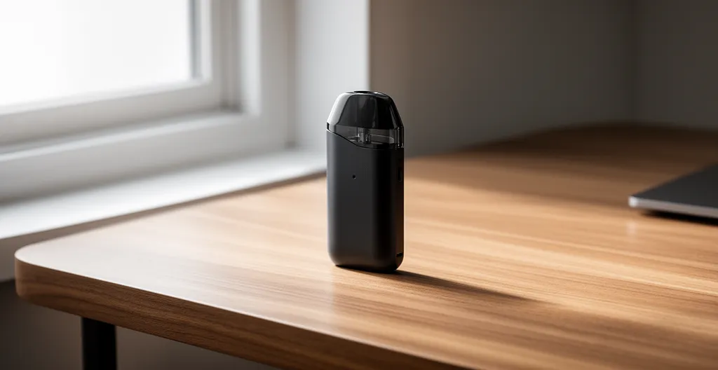 Kit de cigarette électronique pour débutant avec pod compact et accessoires sur table en bois