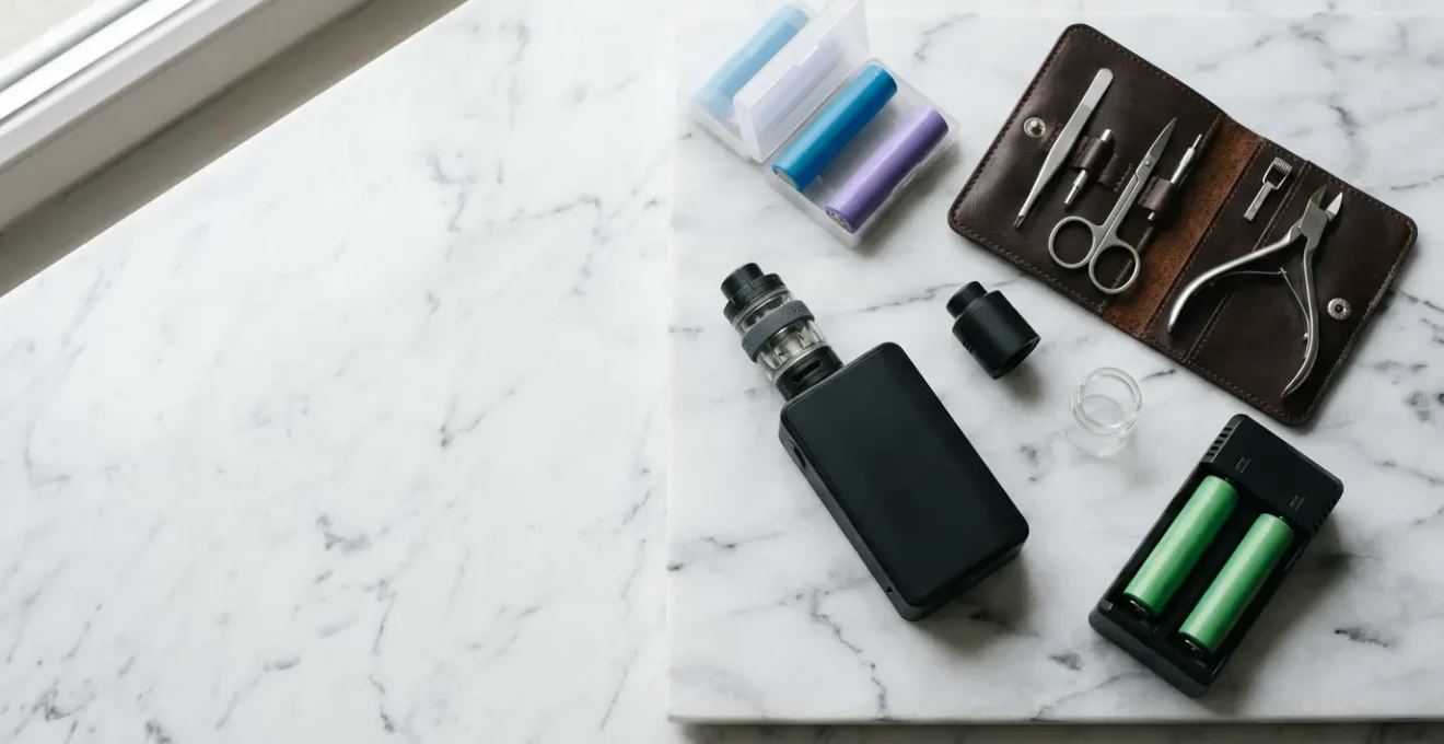 Kit de vapotage avec accessoires de protection et outils d'entretien disposés méthodiquement sur surface marbrée