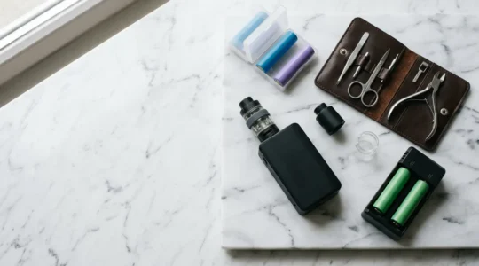 Kit de vapotage avec accessoires de protection et outils d'entretien disposés méthodiquement sur surface marbrée