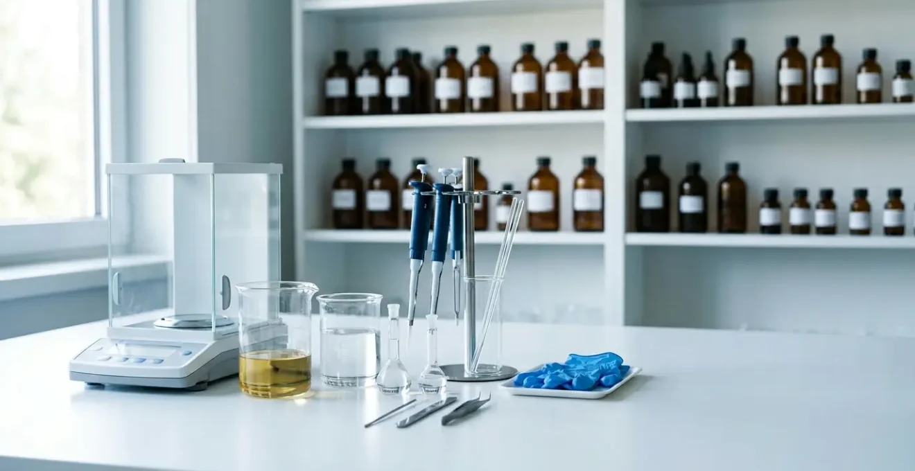 Station de préparation DIY CBD avec matériel de laboratoire professionnel dans un environnement contrôlé