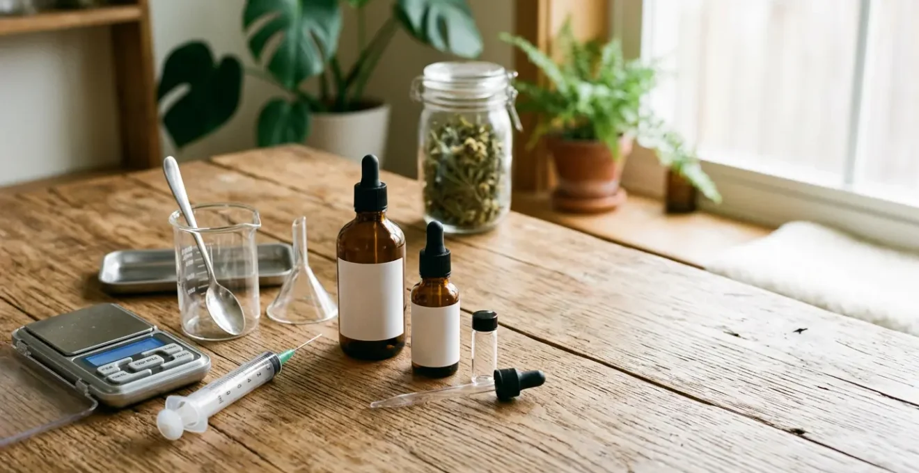 Atelier de fabrication artisanale d'e-liquide CBD avec flacons ambrés et pipettes de précision