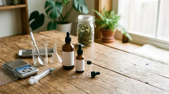 Atelier de fabrication artisanale d'e-liquide CBD avec flacons ambrés et pipettes de précision