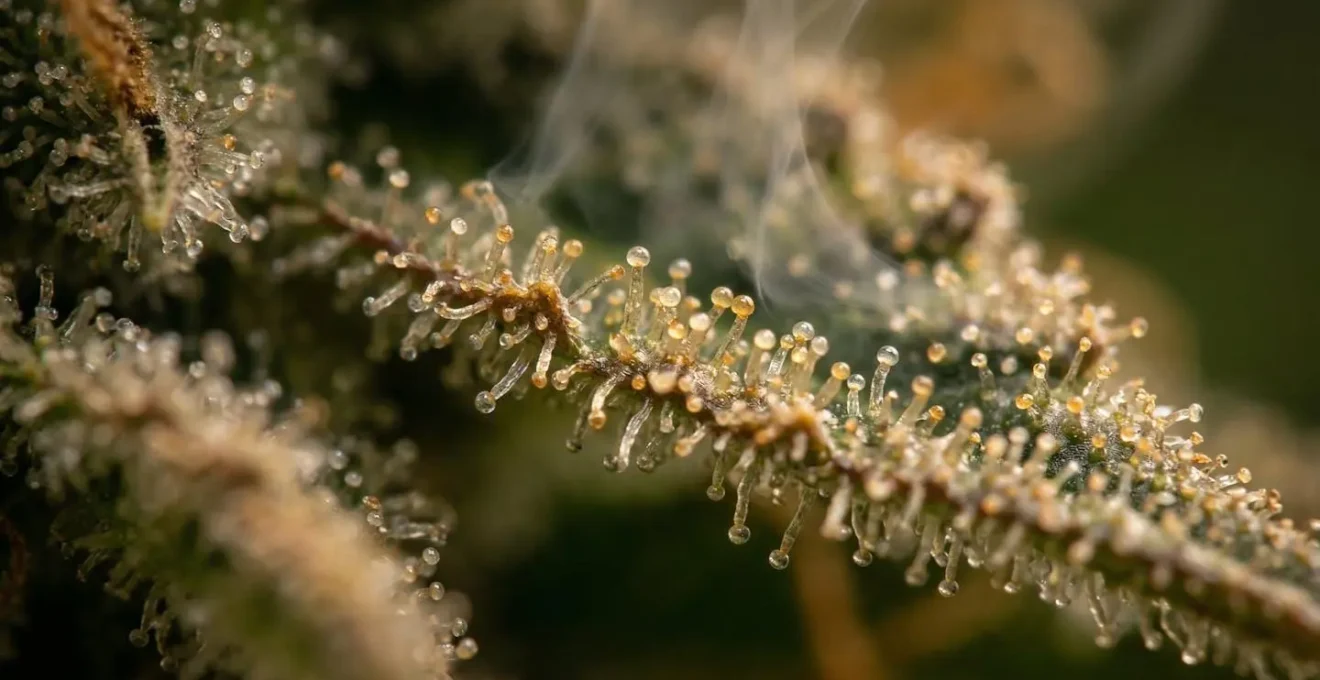 Vue macro de trichomes sur une fleur de CBD avec vapeur