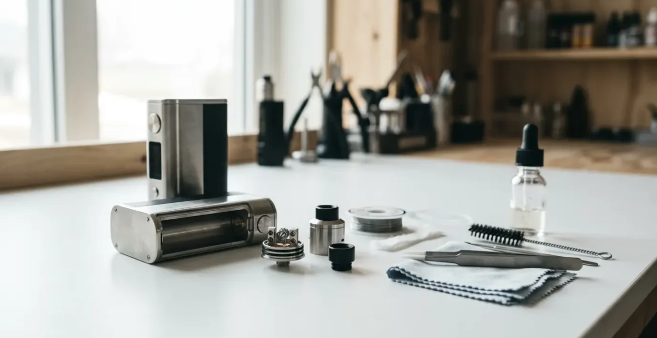 Matériel de cigarette électronique soigneusement entretenu avec outils de maintenance professionnels
