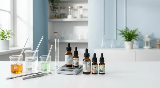 Préparation artisanale de e-liquide CBD avec booster et arômes fruités en laboratoire