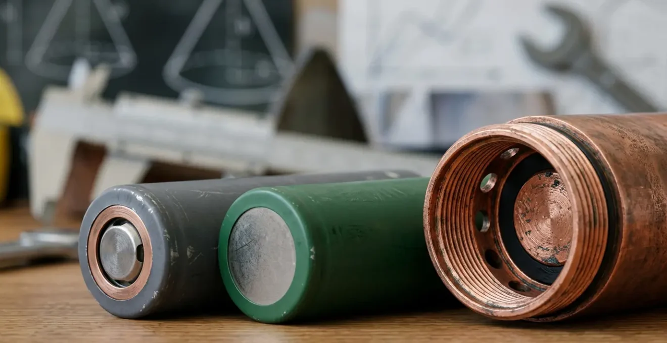 Gros plan sur des accumulateurs 18650 et un mod mécanique en cuivre avec des formules de calcul subtiles en arrière-plan