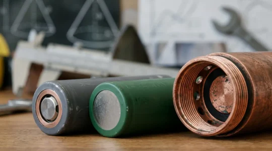 Gros plan sur des accumulateurs 18650 et un mod mécanique en cuivre avec des formules de calcul subtiles en arrière-plan