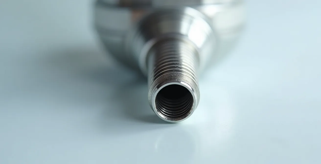 Gros plan macro sur un pas de vis 510 propre et brillant avec une brosse interdentaire floue en arrière-plan