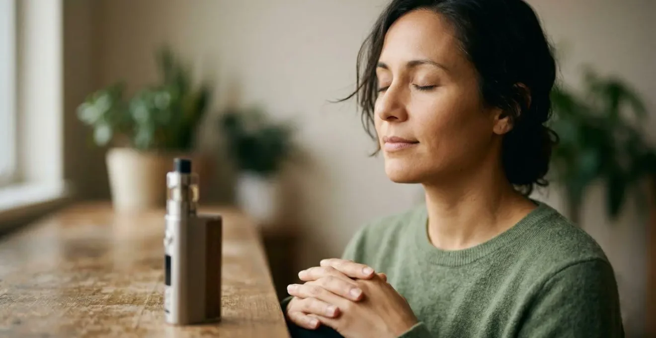 Portrait serein d'une personne en méditation, les yeux fermés, avec un vapoteur posé à côté sur une surface en bois, symbolisant la synergie entre la relaxation et le CBD.