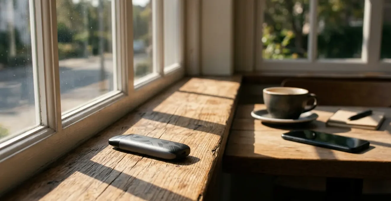 Pod de cigarette électronique moderne posé sur une table en bois avec éclairage naturel