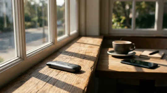 Pod de cigarette électronique moderne posé sur une table en bois avec éclairage naturel