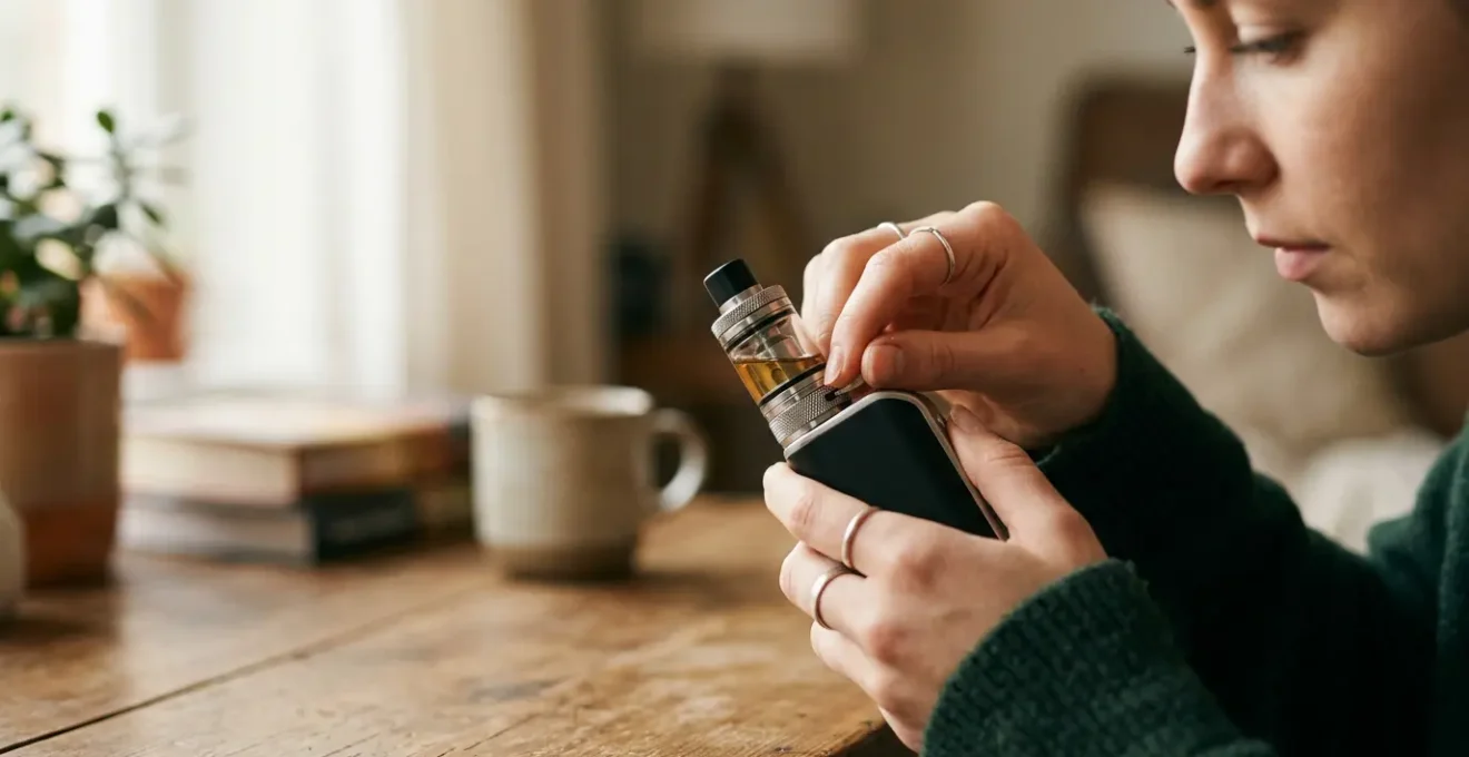 Gros plan sur les mains d'un primo-vapoteur ajustant délicatement l'airflow de sa cigarette électronique dans une lumière douce naturelle