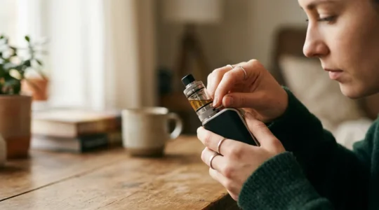 Gros plan sur les mains d'un primo-vapoteur ajustant délicatement l'airflow de sa cigarette électronique dans une lumière douce naturelle