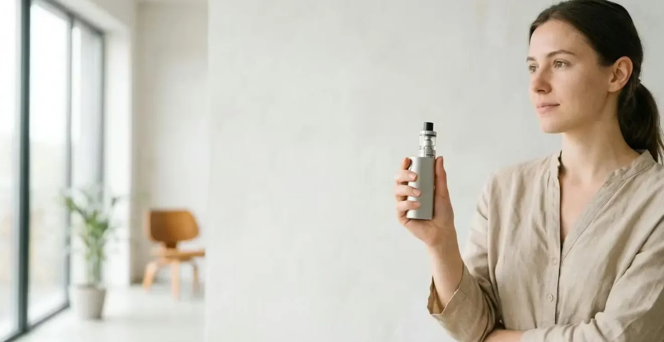 Vue large d'une main tenant correctement une cigarette électronique dans un environnement minimaliste