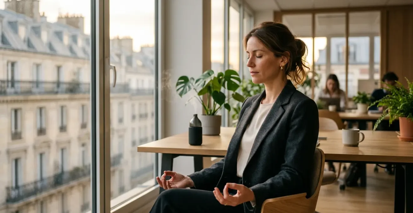 Professionnel en méditation avec vapoteur CBD dans un bureau moderne français