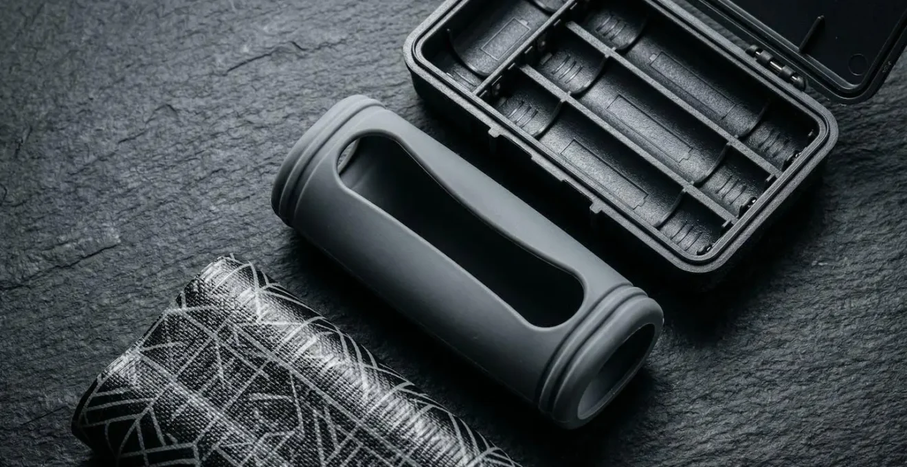 Différents types de boîtes de protection pour accus de cigarette électronique disposés sur surface texturée