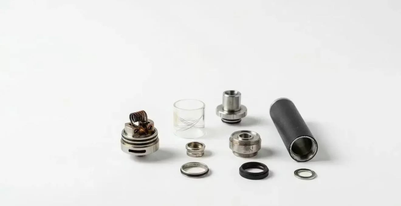 Vue minimaliste d'une cigarette électronique démontée dans un environnement épuré