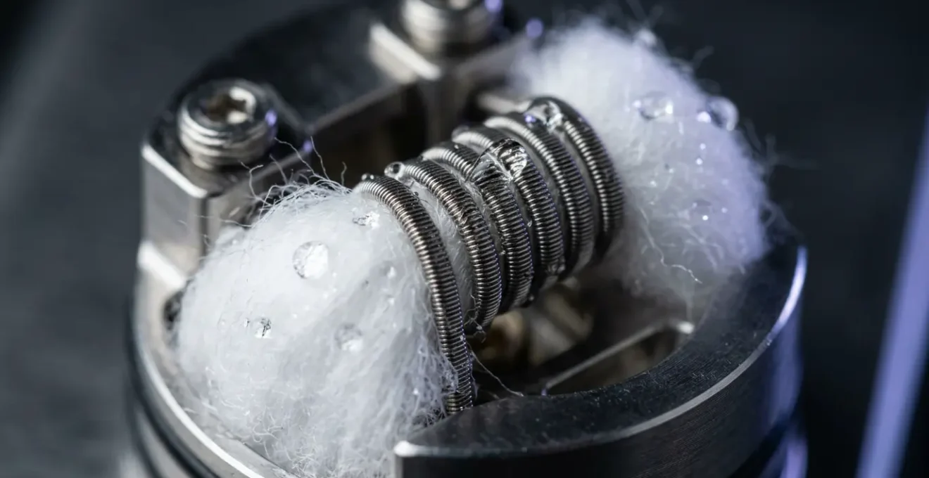 Vue macro détaillée d'une résistance de cigarette électronique montrant les fibres de coton et le fil résistif