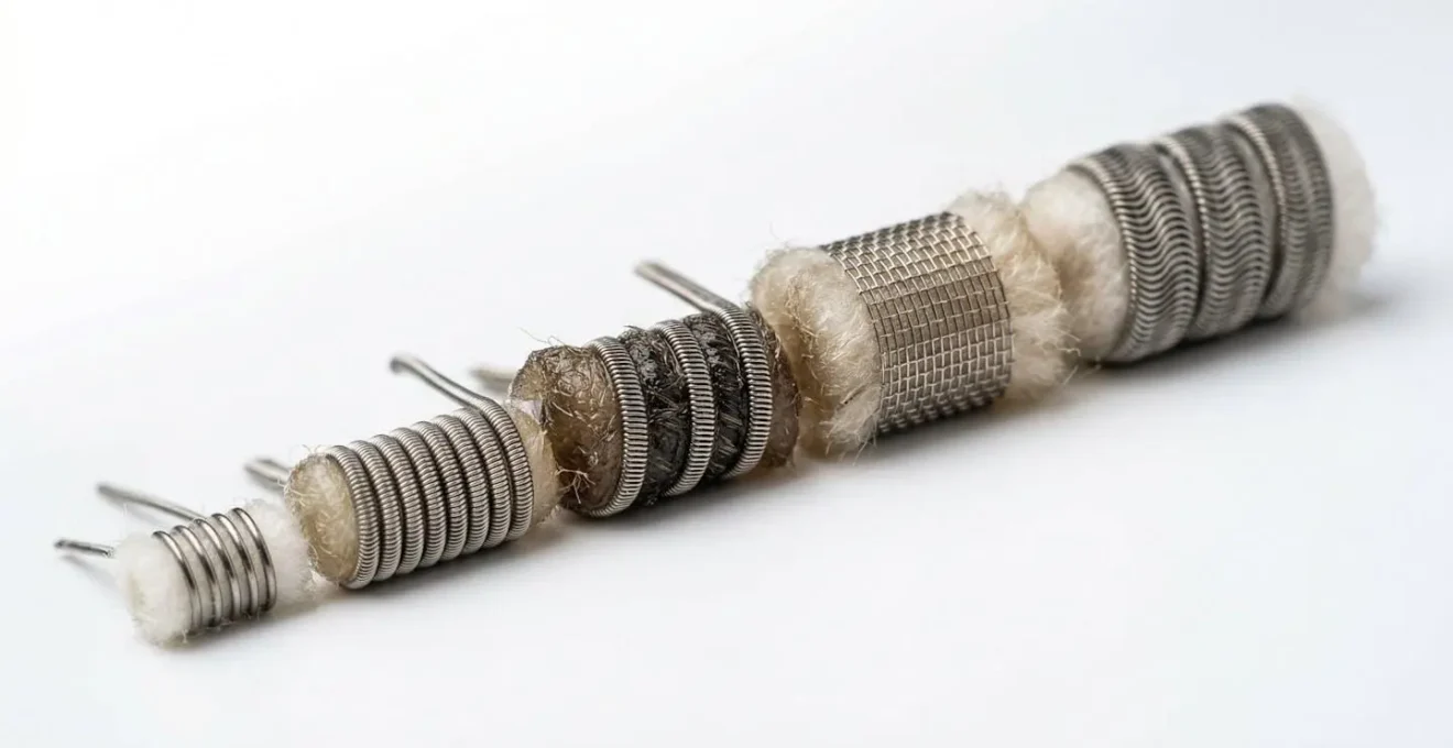 Différentes résistances de cigarettes électroniques alignées sur surface claire