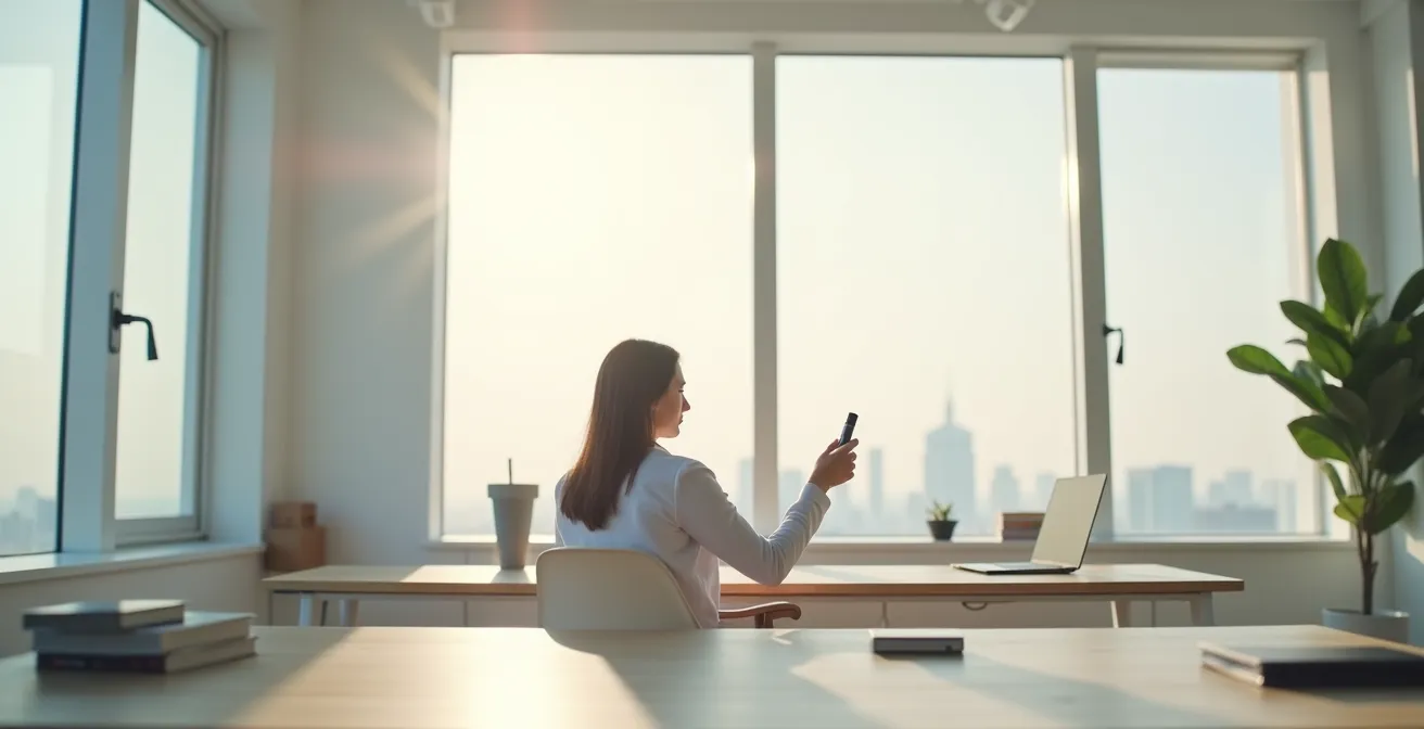 Personne pratiquant la cohérence cardiaque avec sa cigarette électronique dans un environnement bureau