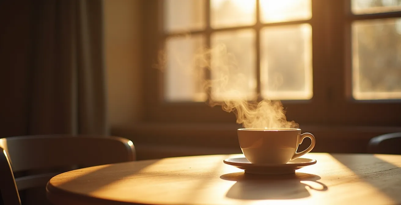 Scène matinale avec vapeur délicate s'élevant près d'une tasse de café sur une table en bois