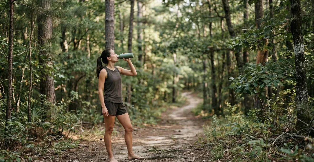 Sportif s'hydratant dans un environnement naturel après l'effort avec bouteille d'eau réutilisable