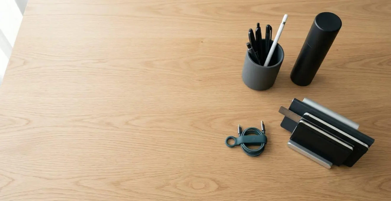 Vue en plongée d'un bureau minimaliste avec différentes solutions de rangement pour tubes