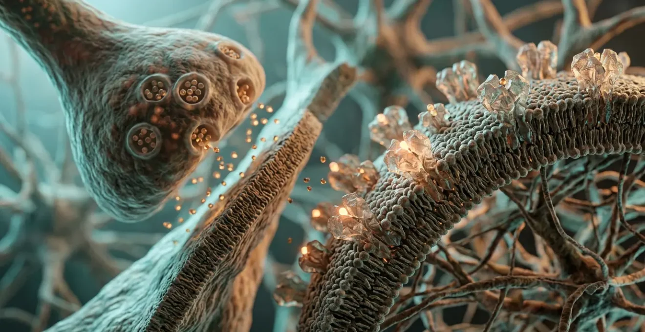 Vue macro d'une synapse neuronale avec récepteurs CB1 et CB2, montrant l'interaction entre cannabinoïdes et système nerveux