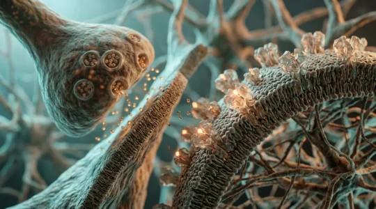 Vue macro d'une synapse neuronale avec récepteurs CB1 et CB2, montrant l'interaction entre cannabinoïdes et système nerveux