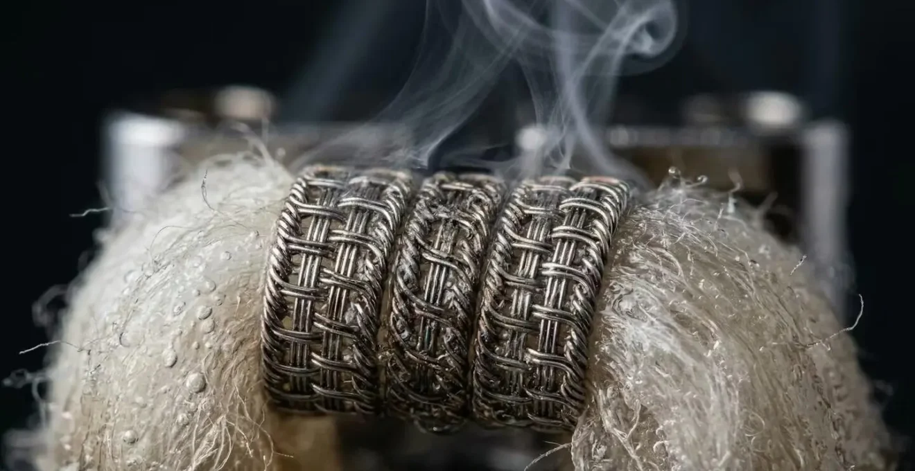 Vue macro détaillée d'une résistance de cigarette électronique avec coton visible à travers le mesh métallique