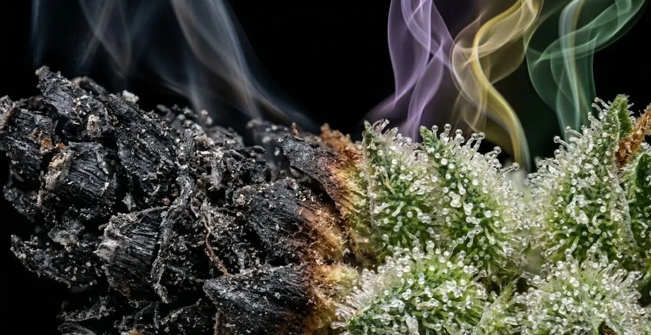 Comparaison visuelle entre les saveurs brûlées d'un joint et les arômes purs des terpènes libérés par la vapeur