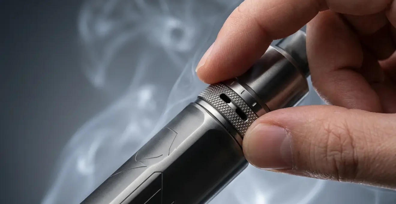 Vue rapprochée d'une vapoteuse moderne avec airflow ajustable et vapeur diffuse, mettant en valeur la technologie de tirage serré pour le sevrage tabagique
