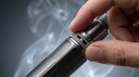 Vue rapprochée d'une vapoteuse moderne avec airflow ajustable et vapeur diffuse, mettant en valeur la technologie de tirage serré pour le sevrage tabagique