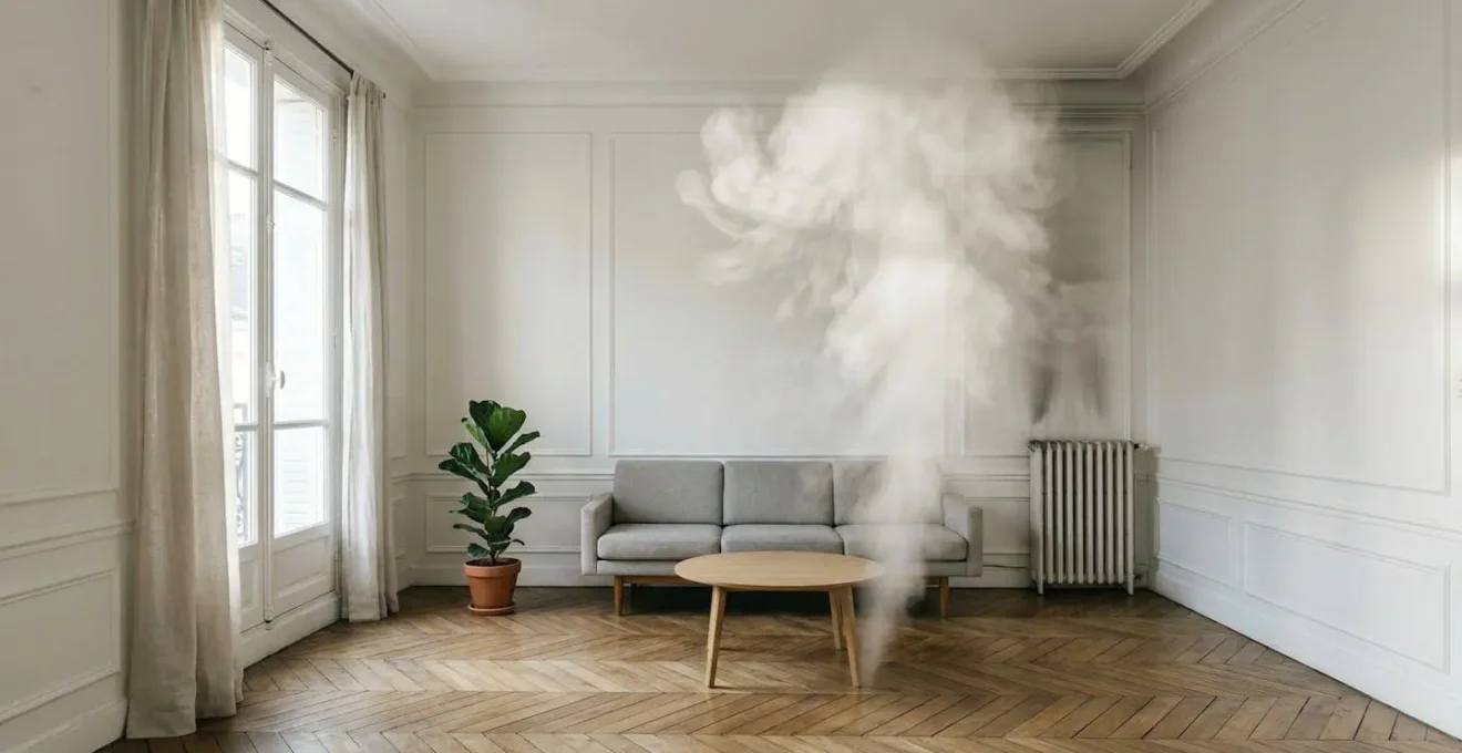 Intérieur d'un appartement français montrant la dissipation rapide de la vapeur, contrastant avec d'anciennes traces de fumée.