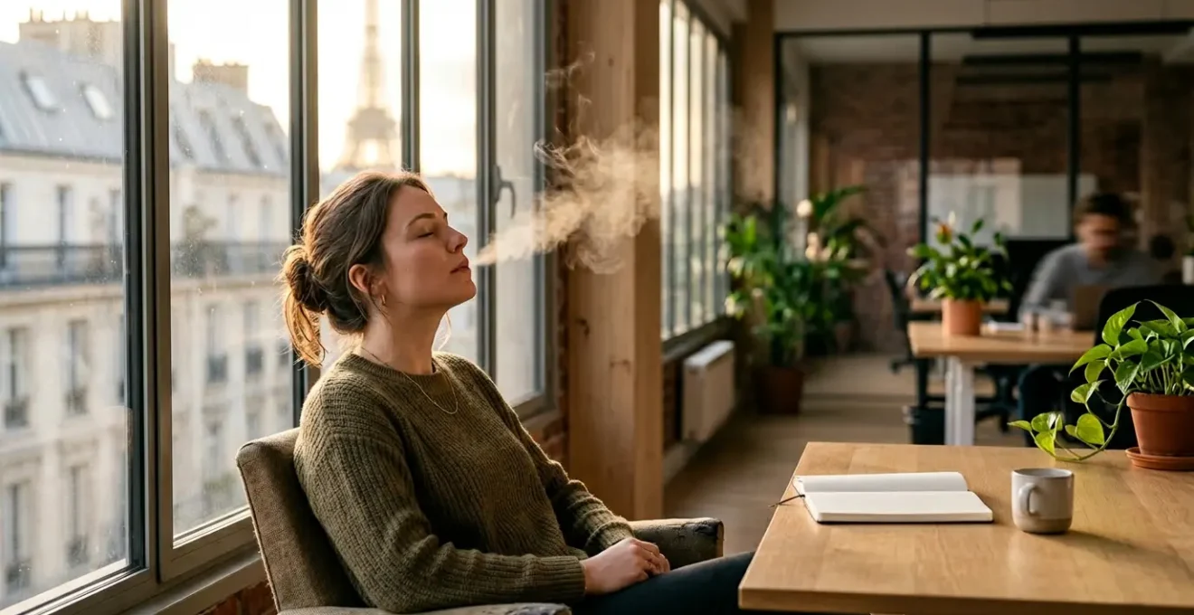 Femme en environnement urbain avec vapoteuse CBD en moment de détente