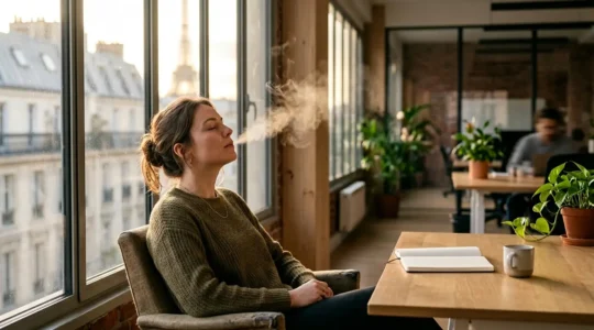 Femme en environnement urbain avec vapoteuse CBD en moment de détente