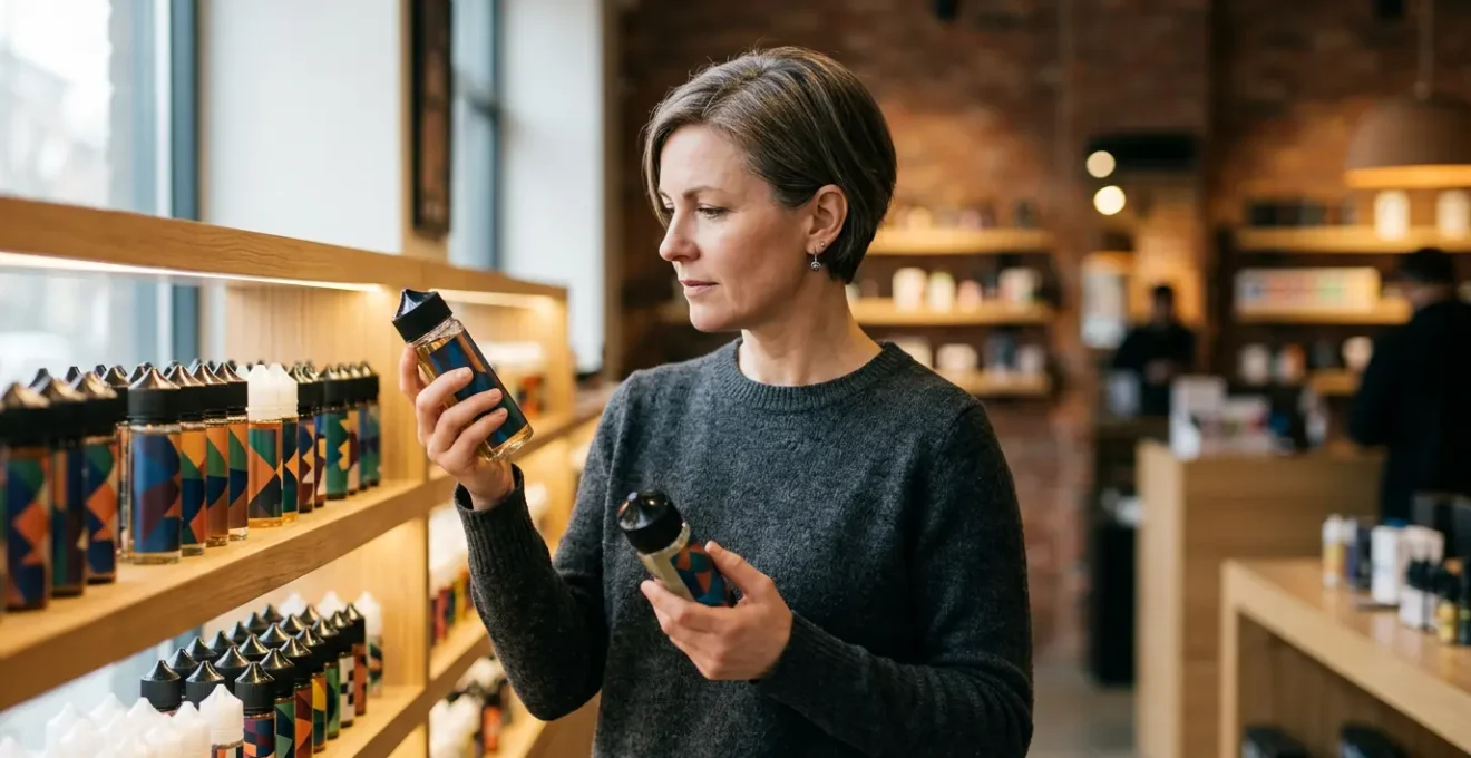 Personne réfléchissant devant différents flacons de e-liquide avec différents taux de nicotine dans une boutique de vape moderne