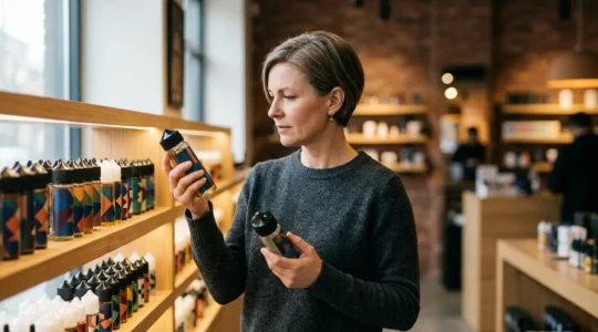 Personne réfléchissant devant différents flacons de e-liquide avec différents taux de nicotine dans une boutique de vape moderne