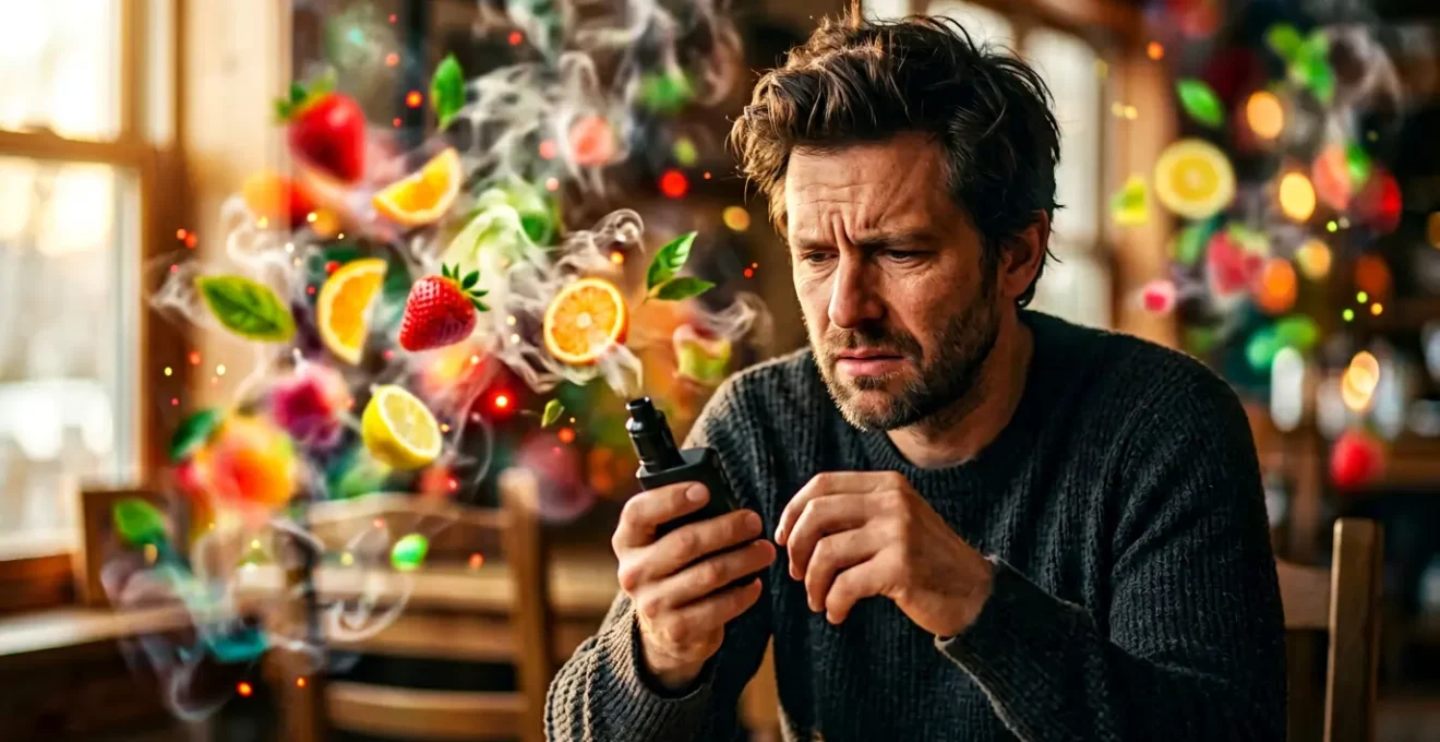 Vapoteur perplexe examinant son dispositif de cigarette électronique dans une ambiance fruitée floue