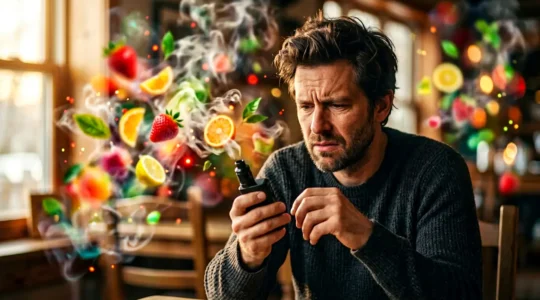 Vapoteur perplexe examinant son dispositif de cigarette électronique dans une ambiance fruitée floue