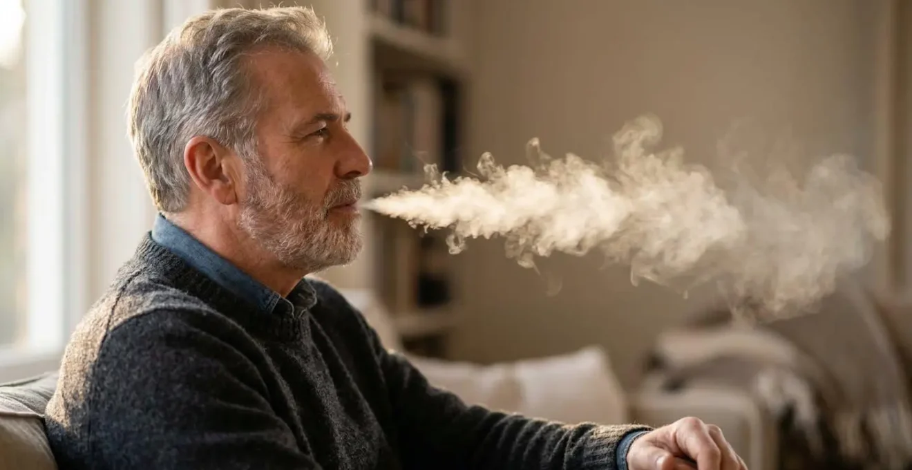 Personne d'âge mûr utilisant une cigarette électronique avec technique d'inhalation indirecte