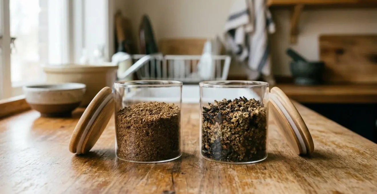 Comparaison visuelle de fleurs de CBD vaporisées, montrant un AVB brun uniforme de convection et un AVB hétérogène de conduction