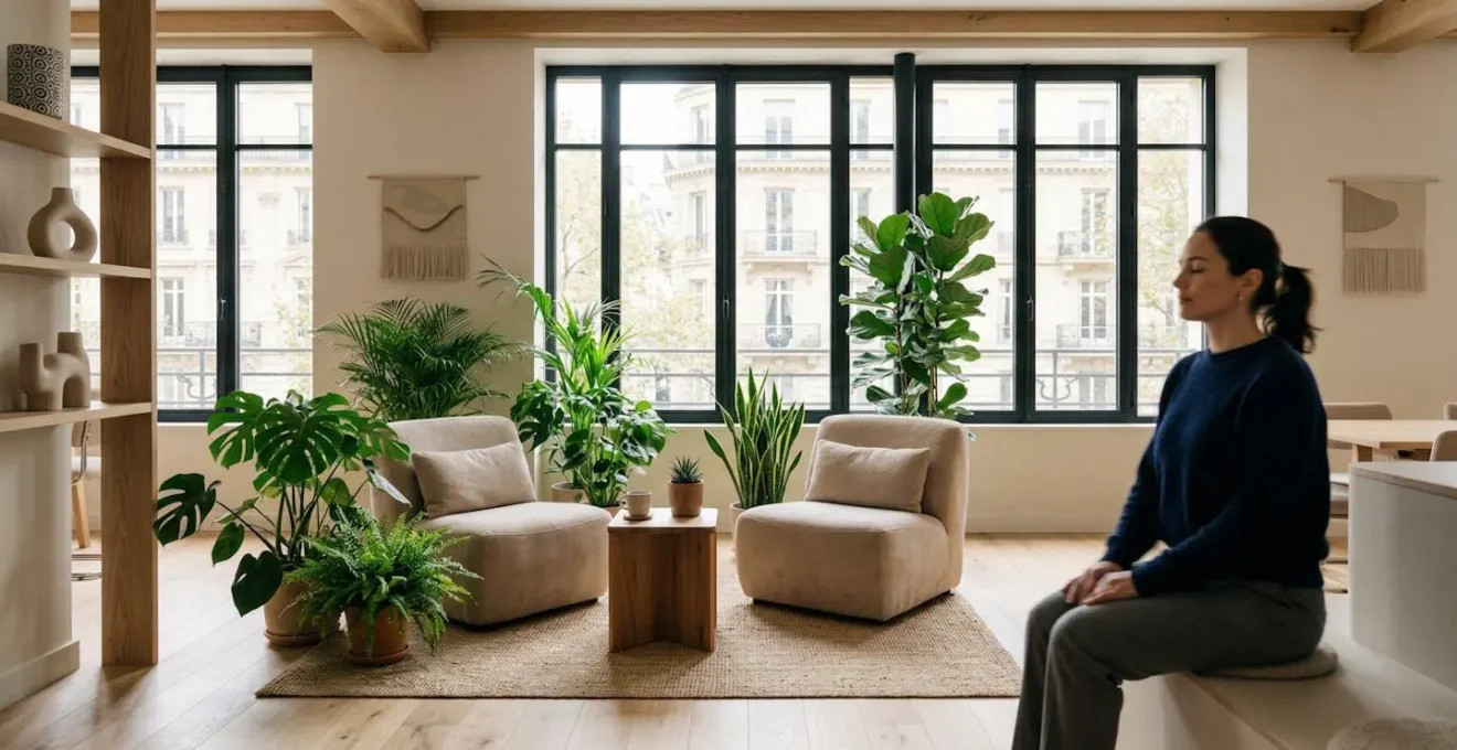 Espace détente moderne dans une entreprise française avec plantes et lumière naturelle