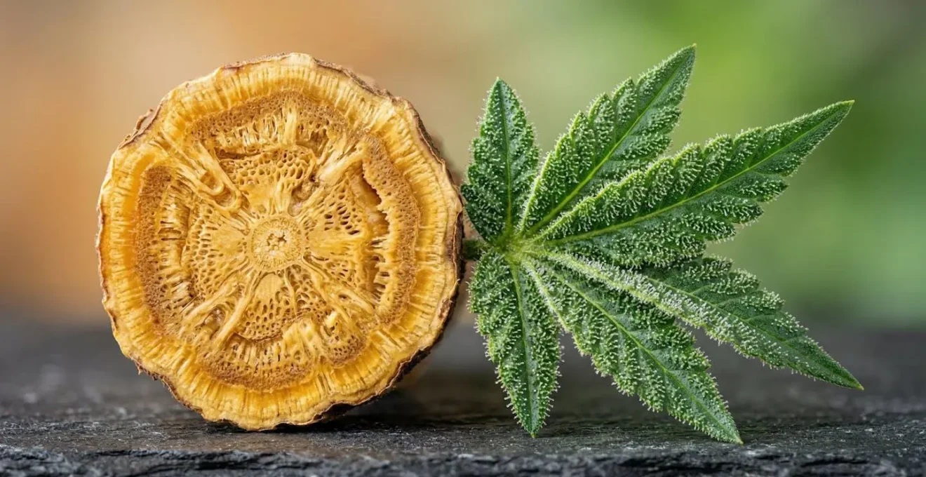 Macro photographie de racine de rhodiola et feuilles de chanvre en synergie