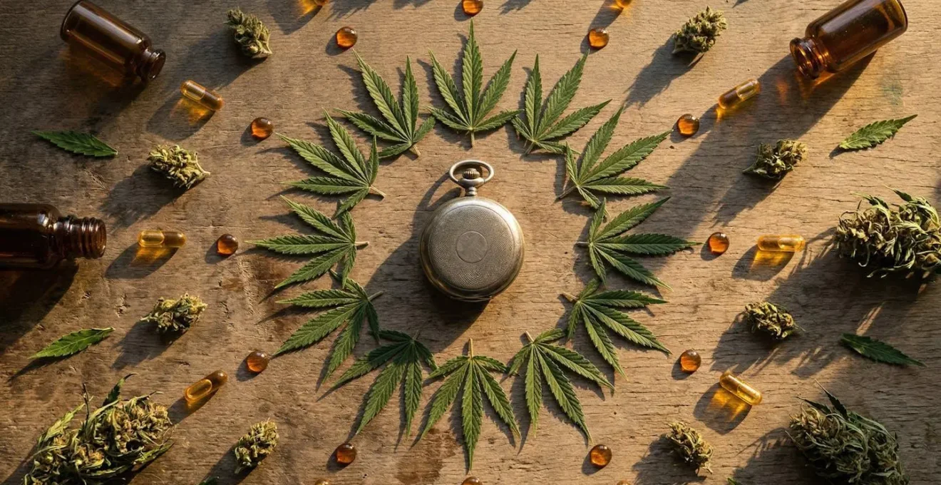 Composition symbolique avec éléments naturels représentant le temps et l'effet du CBD