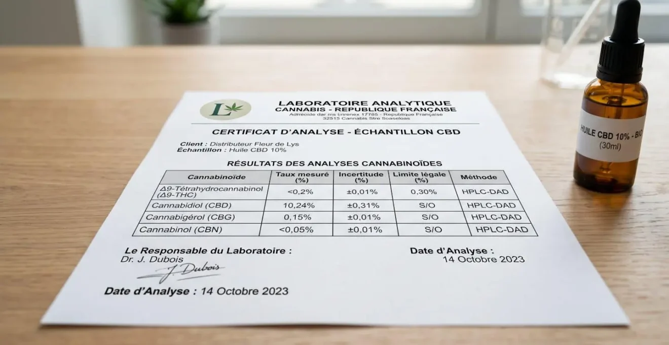 Certificat d'analyse laboratoire en français montrant un tableau des cannabinoïdes avec le taux de THC inférieur à 0,2% et le pourcentage de CBD mesuré, flacon d'huile visible à côté
