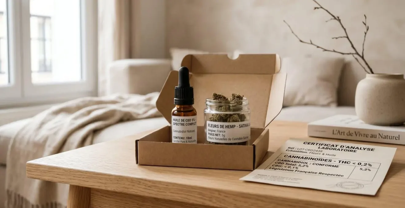 Table de salon avec colis ouvert contenant flacon d'huile CBD et bocal de fleurs de chanvre, accompagnés d'un certificat d'analyse laboratoire en français indiquant le taux de THC inférieur à 0,2%