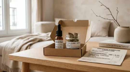 Table de salon avec colis ouvert contenant flacon d'huile CBD et bocal de fleurs de chanvre, accompagnés d'un certificat d'analyse laboratoire en français indiquant le taux de THC inférieur à 0,2%